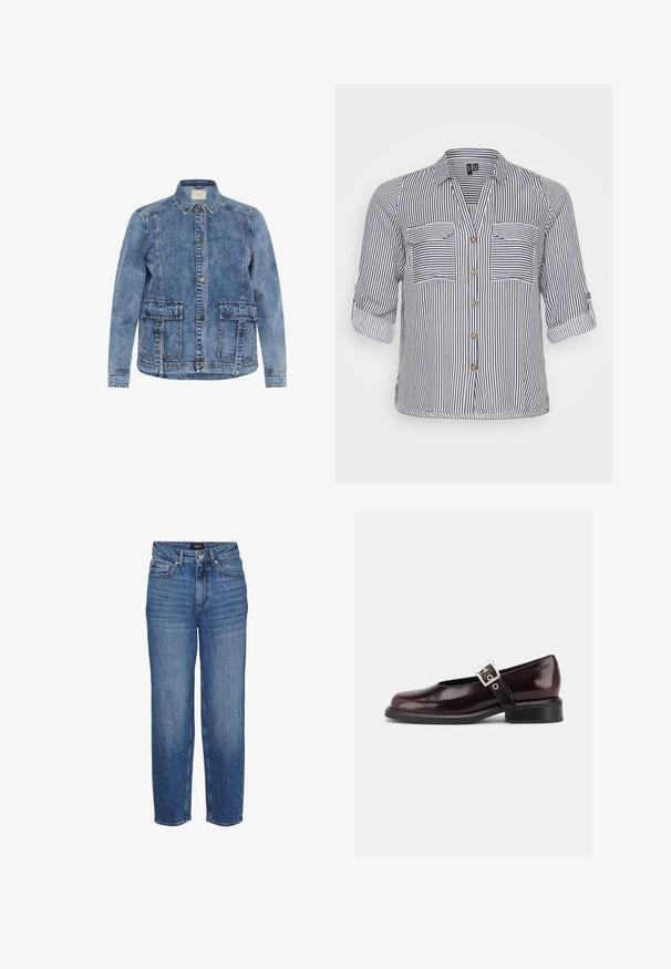 Lys blå denimjakke med krave, frontlukning med knapper og to store påsyede lommer. Har kontrasterende syninger og en afslappet pasform.; Stribet skjorte med v-udskæring, to frontlommer, opsmøgede ærmer og knaplukning i marineblå og hvide farver. Materialet er en bomuldsblanding.; Blå high-waist denimjeans med lige ben, der har fem lommer og diskret falmet effekt. Materialet er robust denim med en glat tekstur.; En enkelt blank mørk burgunder Mary Jane sko med bred rem og sølvspænde, lav blokhæle og rundet tå på hvid baggrund.