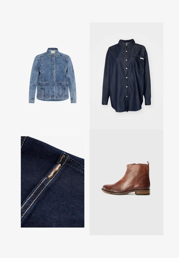 Lys blå denimjakke med krave, frontlukning med knapper og to store påsyede lommer. Har kontrasterende syninger og en afslappet pasform.; Mørk denim skjorte med knapper, der har krave, lange ærmer, en enkelt brystlomme og hvide stikninger.; Next REGULAR FIT - WIDE LEG - Flared jeans - rinse blue; Brune læder ankelstøvle med et elegant design, rund tå, lav stablet hæl og detaljer med side-syninger. Har en bageste trækflap for nem påtagning.