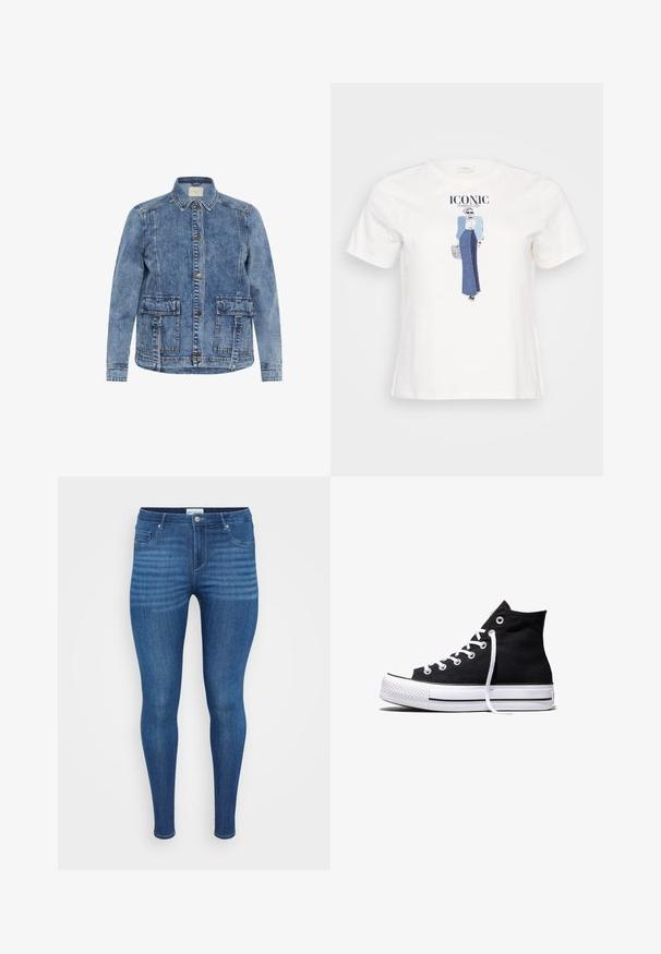 Lys blå denimjakke med krave, frontlukning med knapper og to store påsyede lommer. Har kontrasterende syninger og en afslappet pasform.; Hvid bomulds t-shirt med en grafisk illustration af en kvinde i en blå jakke og denimskørt, med teksten "ICONIC" trykt ovenfor.; Tynde blå denim jeans med en glat overflade, fem-lomme design og en standard knaplukning i taljen.; Sort high-top canvas sneaker med hvid gummisål og hvide snørebånd, vist fra siden mod en hvid baggrund.