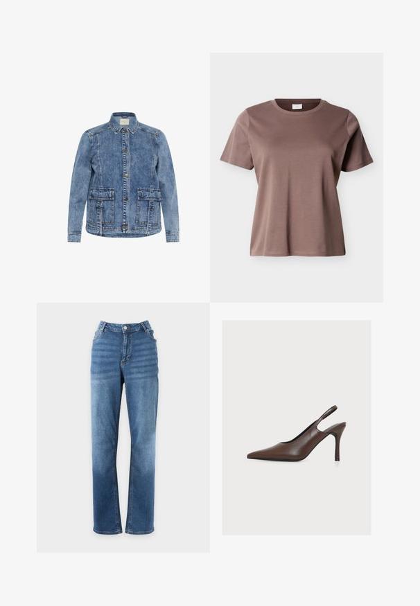 Lys blå denimjakke med krave, frontlukning med knapper og to store påsyede lommer. Har kontrasterende syninger og en afslappet pasform.; Kortærmet, rundhalset T-shirt i mauve-brun bomuld med en løs pasform vist mod en ensfarvet lys baggrund.; Blå straight-fit jeans med knap- og lynlåslukning, for- og baglommer, vist på en ensfarvet hvid baggrund.; Brun læder spids tå slingback højhælet sko med en stilet hæl på hvid baggrund.