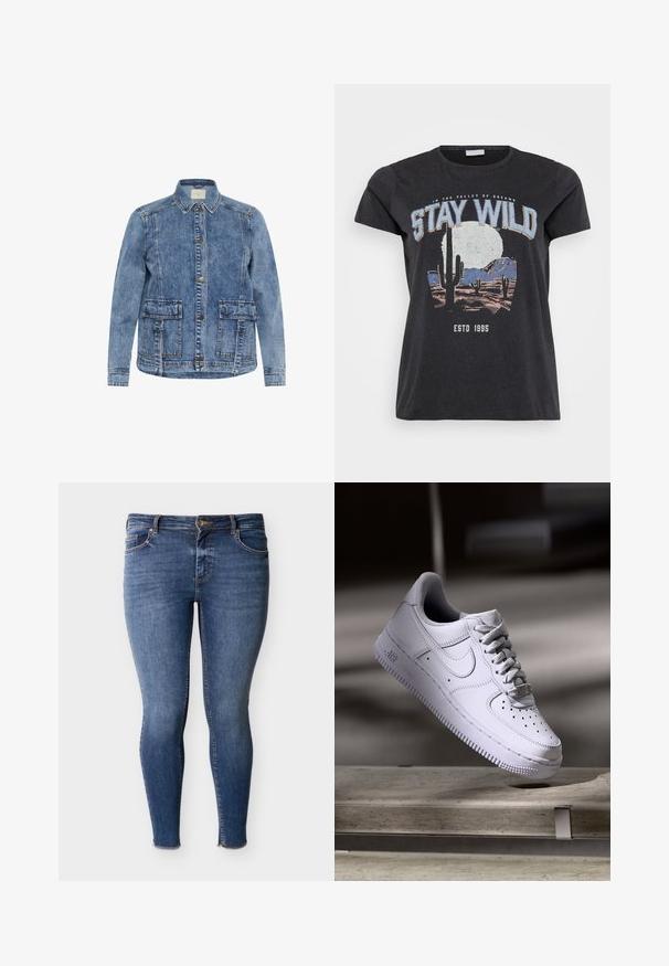 Lys blå denimjakke med krave, frontlukning med knapper og to store påsyede lommer. Har kontrasterende syninger og en afslappet pasform.; Sort bomulds t-shirt med et grafisk print af en ørken-scene med kaktusser, en måne og sætningen "STAY WILD" i blå skrifttype.; Smaltsiddende jeans lavet af mørkeblå denim med fem-lomme-design, bæltestropper og frynset kant ved anklerne. Sømme detaljer er synlige.; Hvid Nike Air Force 1 sneaker svævende over en betonoverflade med skygger i et minimalistisk miljø.
