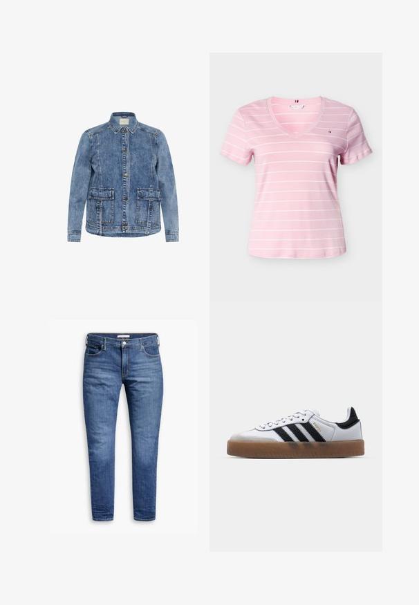 Lichtblauwe spijkerjack met een kraag, voorknoopsluiting en twee grote opgestikte zakken. Heeft contrasterende stiksels en een ontspannen pasvorm.; Lichtroze dames T-shirt met korte mouwen en V-hals, met dunne witte horizontale strepen en een klein logo op de linkerborst.; Blauwe spijkerbroek met een slanke pasvorm, met een klassieke vijf-pocketstijl en een lichte vervaging voor een versleten look. Knopsluiting bij de taille.; Witte leren sneakers met zwarte strepen, gumrubberen buitenzool, ronde neus, vetersluiting en een zachte grijze suède neuskap.