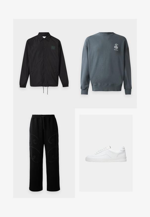 Veste noire à manches longues boutonnée avec col, deux poches avant, poignets élastiques, bas à cordon de serrage et petit logo vert sur la poitrine gauche.; Sweatshirt en coton gris avec un col rond, des poignets côtelés et un petit logo serpent brodé sur le haut à gauche de la poitrine. Texture lisse.; Pantalons de jogging noirs avec une coupe décontractée, présentant des motifs de couture tourbillonnants complexes sur les côtés et une ceinture élastique avec cordon de serrage.; Baskets basses blanches avec un design à lacets, dessus en cuir lisse et semelle épaisse, montrées de profil sur un fond uni.