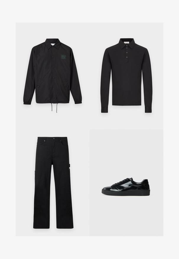 Veste noire à manches longues boutonnée avec col, deux poches avant, poignets élastiques, bas à cordon de serrage et petit logo vert sur la poitrine gauche.; Polo noir à manches longues avec col et patte de boutonnage à quatre boutons, présenté sur un fond blanc uni.; Pantalon de travail noir à jambes droites avec plusieurs poches et passants pour ceinture, fabriqué en tissu robuste.; Baskets en cuir verni noir avec un bout arrondi, un laçage, une semelle en caoutchouc texturé et une finition lisse.