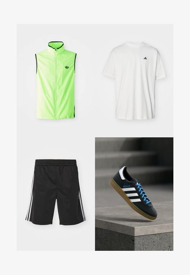 Neon grøn ærmeløs atletisk vest med frontlynlås, høj krave og sorte detaljer, der har et lille sort logo på venstre bryst.; Hvid bomulds t-shirt med korte ærmer, rund hals og et lille sort Adidas-logo på venstre bryst. Blød tekstur, afslappet pasform.; Sorte sportsshorts med elastisk talje, med hvide sidestriber og en glat stofstruktur. Ingen yderligere dekorationer.; Sort Adidas sneaker med hvide striber, blå snørebånd og gummisål, der svæver over gråt betontrin i blødt lys.