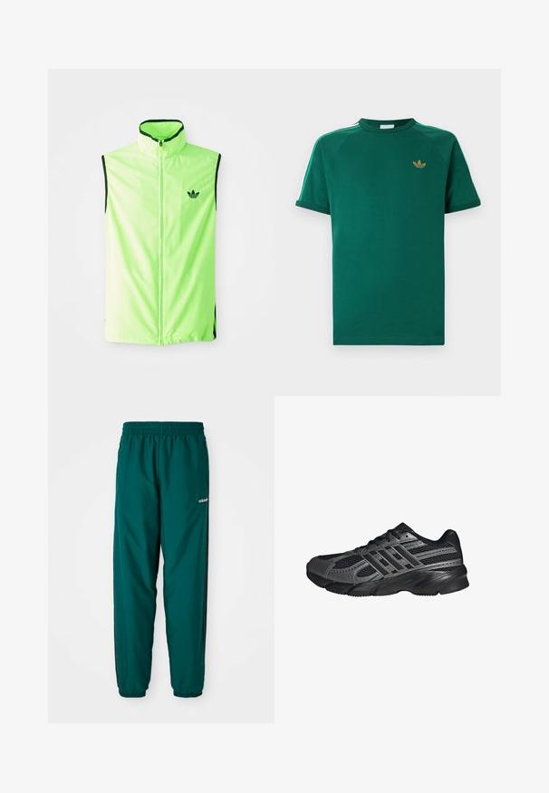 Neón zelená bezrukávová športová vesta s predným zipsom, vysokým golierom a čiernymi akcentmi, so malým čiernym logom na ľavej hrudi.; Zelené tričko Adidas s krátkym rukávom a okrúhlym výstrihom, zlatým logom trelej lístka na hrudi a bielymi pruhmi so zelenými okrajmi na ramenách.; Zelené športové nohavice vyrobené z ľahkej látky, s elastickým pásom, bočnými vreckami a čiernymi bočnými pruhmi. Viditeľné logo Adidas.; Čierne športové topánky vyrobené z pletiva a syntetických materiálov, s textúrovaným povrchom, viacerými šedými pruhmi a polstrovaným golierom.
