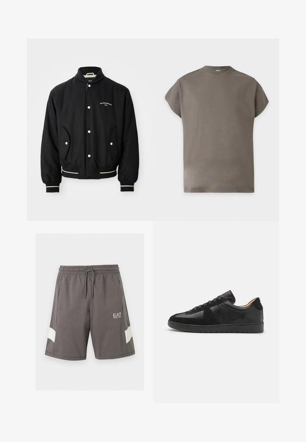 Zwarte bomberjack met een geribbeld kraag, drukknoopsluiting, twee zijzakken en witte gestreepte accenten bij de manchetten en de zoom.; T-shirt met korte mouwen, donkerbeige, met ronde hals en een ontspannen pasvorm op een effen lichtgrijze achtergrond.; Grijze short met elastische taille en trekkoord, zijzakken, witte streepdetails op de benen en wit EA7 Emporio Armani-logo op de linker dij.; Tiger of Sweden BELLICU - Sneakers laag - black