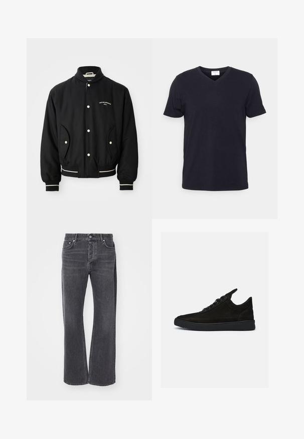 Veste bomber noire avec un col côtelé, fermeture à boutons-pression, deux poches latérales et des accents rayés blancs aux poignets et à l'ourlet.; T-shirt noir à col en V en coton, doté de manches courtes et d'une coupe décontractée. Design simple, sans motifs ni accents supplémentaires.; Jeans noirs taille haute avec un design ample et large. Fabriqués en denim, présentant un léger décoloré et des poches à l'avant et à l'arrière.; Baskets en daim noir à profil bas, avec un bout rond et une semelle en caoutchouc texturé. Comprend cinq œillets et une languette à l'arrière.