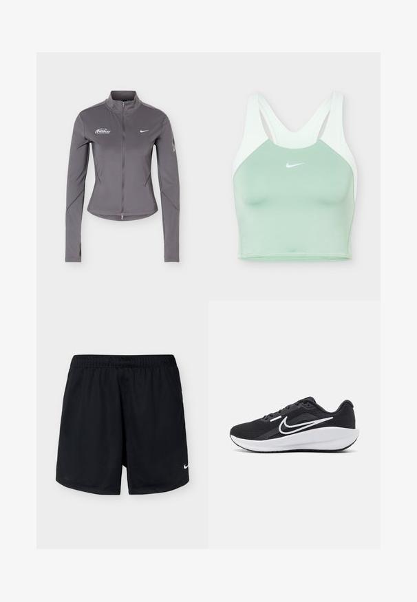 Γκρι μακρυμάνικο μπουφάν Nike με φερμουάρ και όρθιο γιακά, λευκά λογότυπα Nike στο στήθος και διακριτικές λεπτομέρειες στα μανίκια.; Ανοιχτό πράσινο αθλητικό σουτιέν Nike με λευκούς ιμάντες racerback και λευκό λογότυπο swoosh στο κέντρο μπροστά.; Μαύρο αθλητικό σορτς Nike με ελαστική μέση και μικρό λευκό λογότυπο Nike στο κάτω δεξί πόδι, εμφανισμένο σε απλό ανοιχτό φόντο.; Μαύρα αθλητικά παπούτσια με διχτυωτό επάνω μέρος, λευκές λεπτομέρειες, μαξιλαρωτή σόλα και κομψό σχέδιο. Διαθέτουν στρογγυλή μύτη και επίπεδη σόλα.