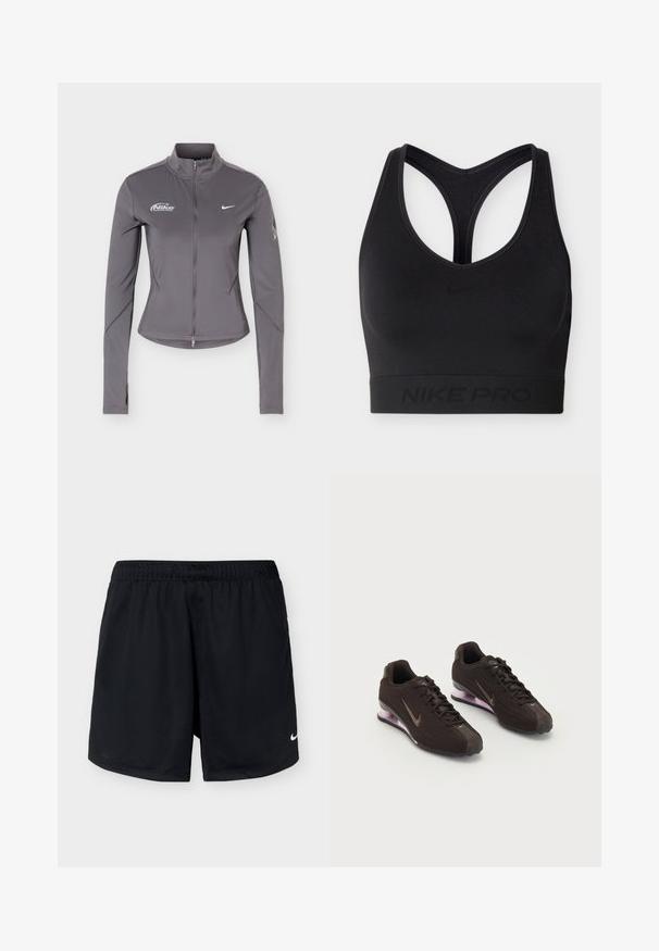 Veste zippée Nike grise à manches longues avec col montant, logos blancs Nike sur la poitrine et détails subtils sur les manches.; Brassière de sport Nike Pro noire avec design dos nageur et bande élastique en bas, arborant un discret logo et marquage Nike.; Shorts de sport Nike noirs avec une taille élastique et un petit logo Nike blanc sur la partie inférieure de la jambe droite, présentés sur un fond clair uni.; Baskets de sport noires avec une tige texturée, des accents marron et une semelle à coussin d'air violette. Design à lacets avec une marque bien visible.