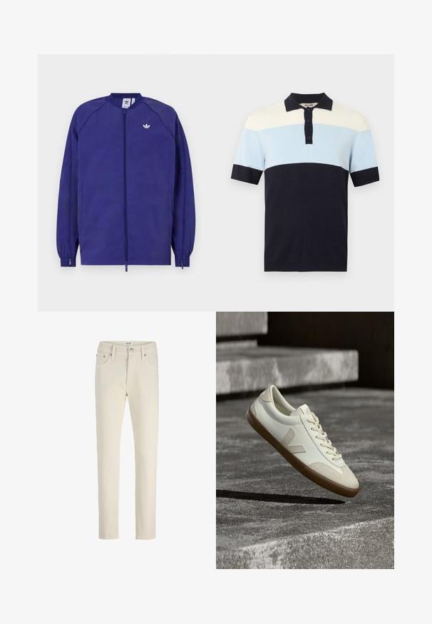 Chaqueta ligera púrpura con cierre de cremallera, puños elásticos y un pequeño logo blanco en el pecho. Textura suave y diseño casual.; Polo de manga corta con cuello negro, tres botones negros y bloques de color en crema, azul claro y negro.; Pantalones vaqueros beige con diseño de pierna recta, cinco bolsillos, botón de metal y textura sutil. Estilo simple y versátil.; Zapatillas blancas de cuero con suela de goma color beige, cordones planos y un acento en forma de V en el costado. Presentan una superficie lisa y detalles mínimos de costura.