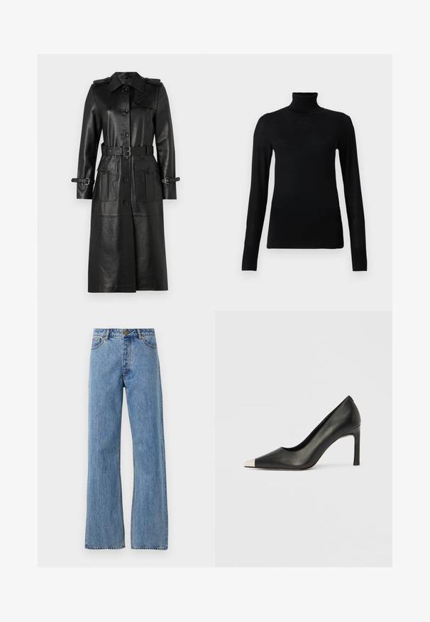 Black leather trench coat featuring a classic collar, button front, two large front pockets, belted waist, and adjustable sleeve straps.; Black turtleneck sweater made of soft, lightweight material. Features long sleeves and a fitted design with a high neck.; Light blue high-waisted straight-leg jeans with front button, zipper, and five-pocket design on plain white background.; Black leather high heel shoe with a pointed toe and a metallic silver cap. Features a smooth finish and a slender 10 cm heel.