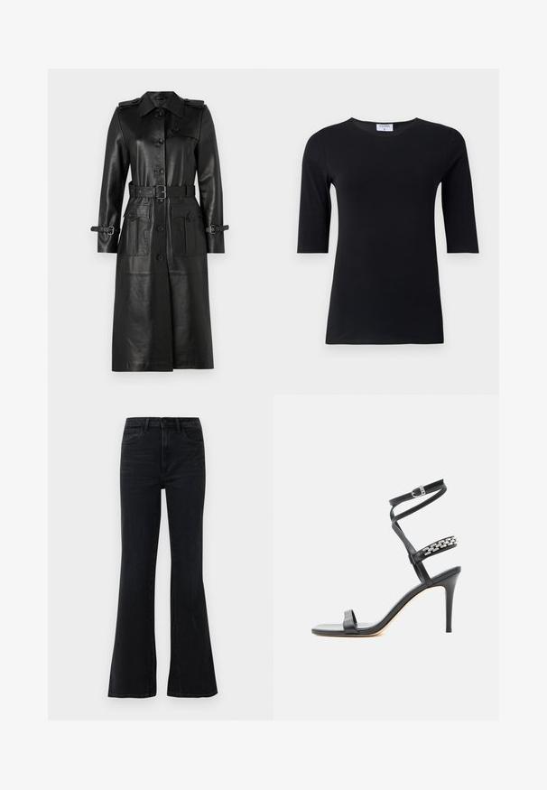 Black leather trench coat featuring a classic collar, button front, two large front pockets, belted waist, and adjustable sleeve straps.; Black long-sleeve top made of soft, stretchable fabric. Features a round neckline and fitted silhouette with mid-length sleeves.; Black high-waist flare jeans with front pockets, belt loops, and button closure on a white background.; Black high-heeled sandal with slim ankle strap, midfoot strap decorated with silver chain links, and open toe design.