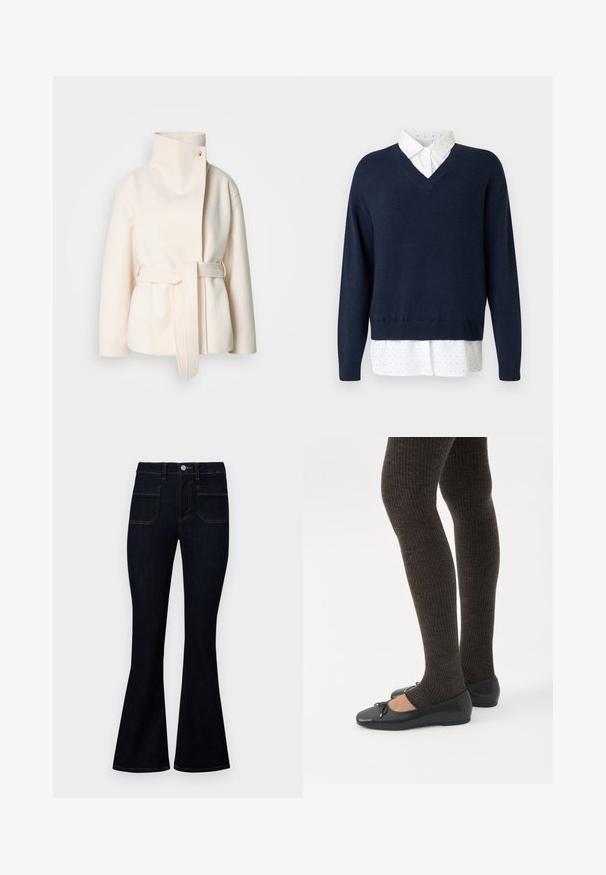 Cremefarvet uldfrakke med høj krave, sideliv og diagonalt frontlukning med en enkelt knap. Blød tekstur, minimalistisk design.; Marinblå v-hals sweater i blødt strik, lagd over en hvid skjorte med små, tilfældigt placerede prikker og klassisk krave.; Mørkeblå outfitted jeans med høj talje, lavet af denim, med to baglommer og kontraststing langs sømmene.; Ben iført mørke ribbede leggings kombineret med sorte balletsko med små sløjfedetaljer på hvid baggrund.