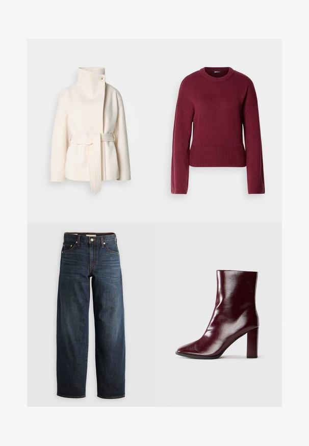 Cremefarvet uldfrakke med høj krave, sideliv og diagonalt frontlukning med en enkelt knap. Blød tekstur, minimalistisk design.; Burgunder strikket sweater med rund halsudskæring, lange ærmer og ribbet kant. Stoffet ser blødt og struktureret ud.; Mørkeblå denimjeans med lige ben, fem lomme-stil og kontrastsyninger samt knappelukning.; Skinnende mørk bordeaux læderstøvle til midt på læggen med spids tå og blokeret høj hæl på neutral baggrund.