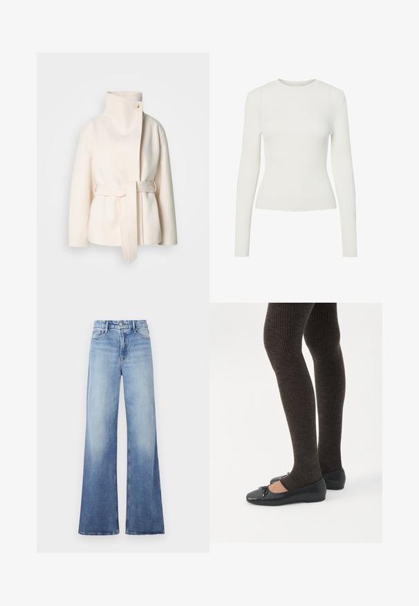 Abrigo de lana color crema, con un cuello alto, cinturón lateral y un cierre frontal diagonal con un solo botón. Textura suave, diseño minimalista.; Camiseta de manga larga blanca de canalé con cuello redondo, forma ajustada y textura suave. Diseño minimalista, sin patrones ni embellishments visibles.; Good American SKATE - Pernera ancha - indigo; Piernas con leggings oscuros acanalados combinados con bailarinas negras que presentan pequeños detalles de lazo sobre un fondo blanco.