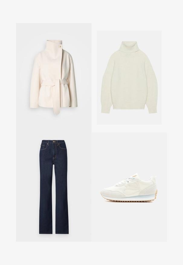 Cremefarvet uldfrakke med høj krave, sideliv og diagonalt frontlukning med en enkelt knap. Blød tekstur, minimalistisk design.; Rullekrave sweater i creme, lavet af blødt strikket materiale. Har en afslappet pasform, raglanærmer samt ribbede ærmer og kant.; Mørkeblå denim jeans med lige ben, featuring en frontlukning med knap, fem lommer og kontrasterende syninger.; Hvid atletiksneaker med lysegrå snørebånd, tekstureret sål og diskret sidesyningsdetalje på en hvid baggrund.