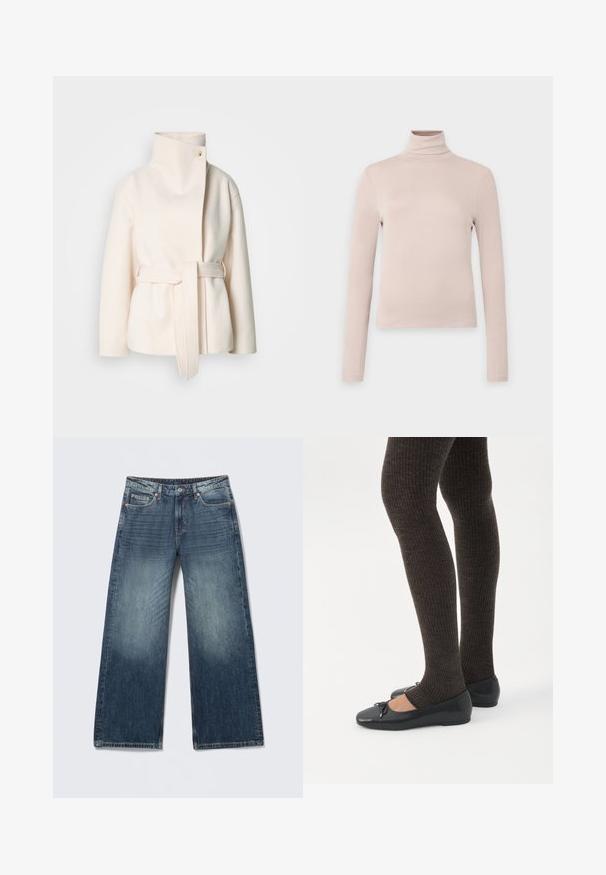 Abrigo de lana color crema, con un cuello alto, cinturón lateral y un cierre frontal diagonal con un solo botón. Textura suave, diseño minimalista.; Top de cuello alto de manga larga en beige claro, fabricado con una tela elástica y suave, con un diseño ajustado y un cuello alto. Sin patrones ni acentos visibles.; Jeans azules de pierna ancha con cierre de botón y cremallera, bolsillos delanteros y traseros, y detalles de lavado descolorido en muslos y rodillas.; Piernas con leggings oscuros acanalados combinados con bailarinas negras que presentan pequeños detalles de lazo sobre un fondo blanco.