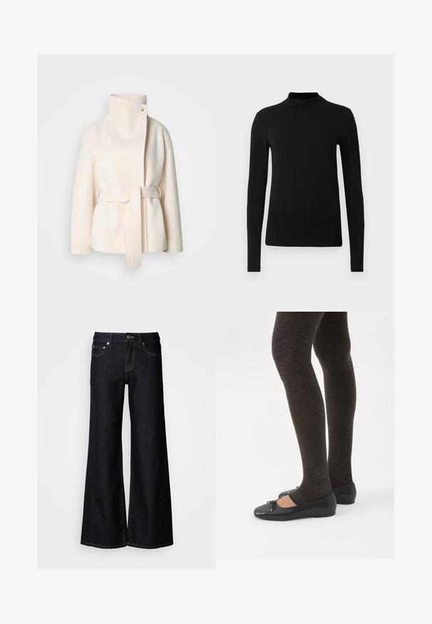 Crème-kleurige wollen jas, met een hoge kraag, een riem aan de zijkant en een diagonale sluiting aan de voorkant met een enkele knoop. Zachte textuur, minimalistisch ontwerp.; Zwarte langemouwen turtleneck shirt gemaakt van gladde stof; aansluitend ontwerp met een hoge kraag en geen zichtbare naden. Eenvoudige, effen kleur.; Donkere denim jeans met wijde pijpen, een hoge taille, een ontwerp met vijf zakken en contrasterende gele stiksels langs de naden.; Benen met donkere geribbelde leggings gecombineerd met zwarte ballerina's met kleine strikdetails op een witte achtergrond.