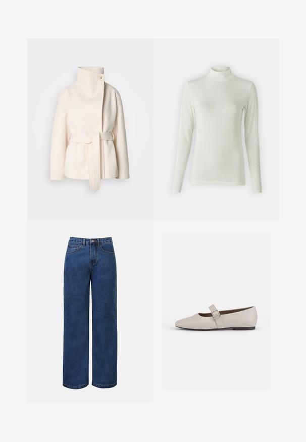 Crème-kleurige wollen jas, met een hoge kraag, een riem aan de zijkant en een diagonale sluiting aan de voorkant met een enkele knoop. Zachte textuur, minimalistisch ontwerp.; Lange mouwen turtleneck-top in lichtcrème, gemaakt van een soepele, rekbare stof. Verstelbaar ontwerp met een geribbeld patroon bij de halslijn.; Donkerblauwe denim wijde jeans met hoge taille, voorzien van een knoopsluiting, riemlussen en voor- en achterzakken. Glad textuur.; Beige leren Mary Jane flats met een puntige neus, enkelbandje en een zilveren gesp detail, met een lage zwarte hak.