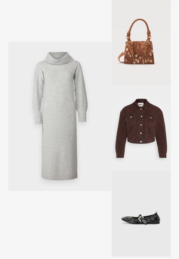 Brun denimjakke med leopardmønster. Har krave, cropped design, forlommer, knaplukning og sølv hardware detaljer.; Grå strikket kjole med kravehals, lange puffærmer og ribbede manchetter og kant. Stoffet ser blødt og struktureret ud.; Sorte læder flade sko med spids tå, samling detaljer omkring åbningen, og en sølv spænde accent på den justerbare rem.; Brun håndtaske med hvidt plettet mønster, guldlåse detaljer, kort afrundet håndtag og en aftagelig skulderrem på hvid baggrund.