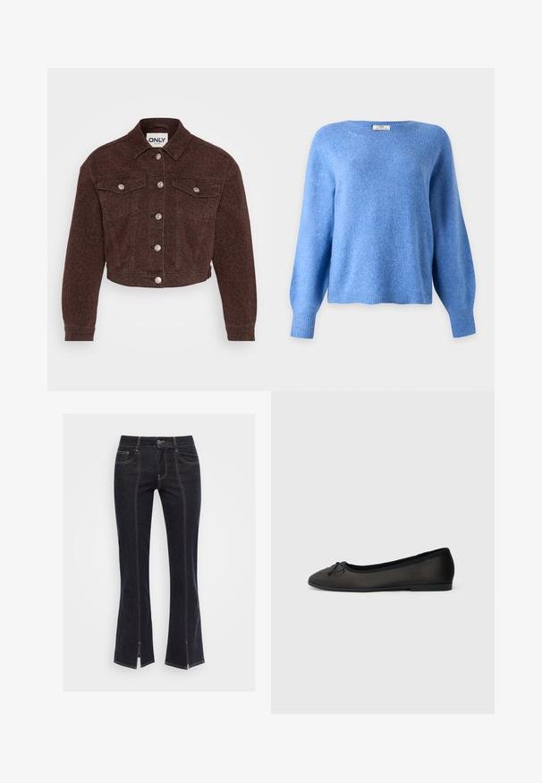 Brun denimjakke med leopardmønster. Har krave, cropped design, forlommer, knaplukning og sølv hardware detaljer.; Lyseblå langærmet rundhalset sweater med ribkant ved ærmer og bund, vist på en enkel lys baggrund.; Mørkeblå denim flared jeans med forlommer, synlig syning og slidser i bunden, prydet med et klassisk talje bånd og metalknap.; Sorte ballerinaer med en glat mat finish, rundet tå og en dekorativ sløjfe foran. Har en lav, flad hæl.