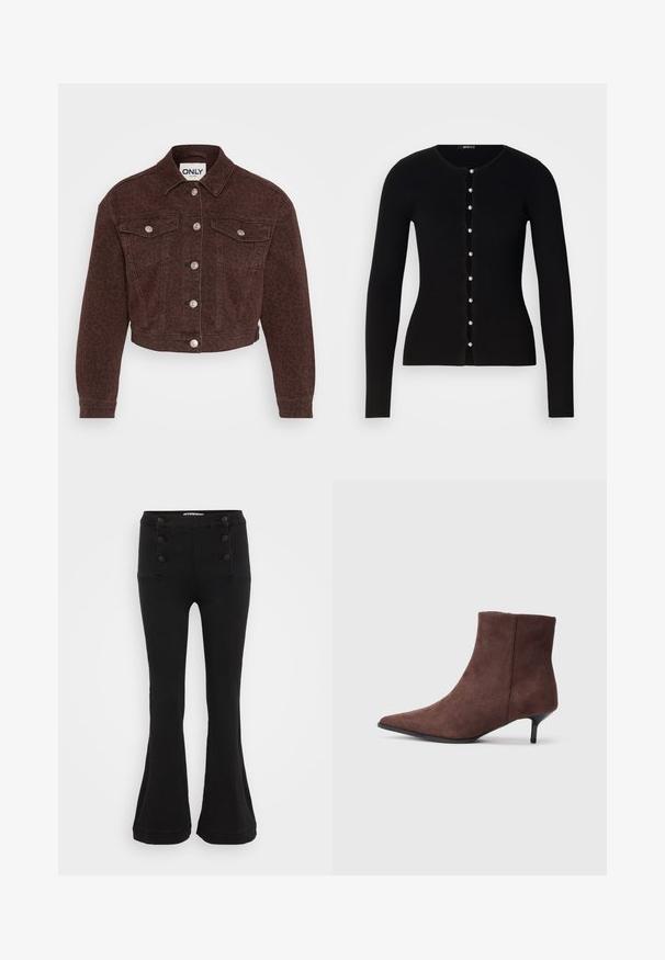 Brun denimjakke med leopardmønster. Har krave, cropped design, forlommer, knaplukning og sølv hardware detaljer.; Sort ribbet cardigan med lange ærmer, rund halsudskæring og knaplukning foran med perle-lignende knapper langs en bølgende søm.; Sorte flared bukser lavet af denim, med høj talje, fem-knaps frontlukning og to frontlommer med dekorativ syning.; Brune ankelstøvler i ruskind med spids tå og en slank, sort hæl. Har en glat tekstur og et enkelt design.