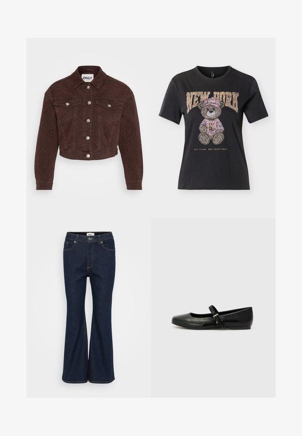 Brun denimjakke med leopardmønster. Har krave, cropped design, forlommer, knaplukning og sølv hardware detaljer.; Sort T-shirt med korte ærmer med en tøjdyrsbamse iført en lyserød hat og sweater, teksten "NEW YORK" over og "ONE TEAM. ONE HEARTBEAT." under.; Mørkeblå flagrende jeans lavet af denim, med et klassisk fem-lomme design, kontrastsyning og en bronze knaplukning.; Sorte læder balletflade med rund tå, flad sål og en tynd justerbar rem over svangen med en metalspænde.