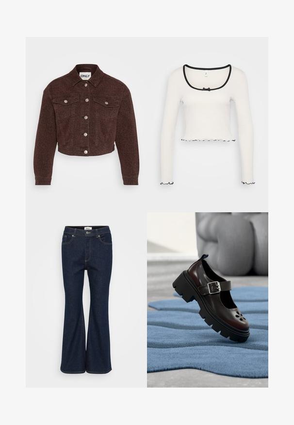 Hnedá džínová bunda so vzorom leopardu. Obsahuje golier, skrátený strih, predné vrecká, zapínanie na gombíky a strieborné kovové detaily.; Biely dlhý rukáv crop top s širokým výstrihom obšitou čiernym lemom, strednou mašľou a volánovitým čiernym lemovaním na manžetách a leme.; Tmavomodré rozšírené džínsy vyrobené z denimu, s klasickým návrhom piatich vreciek, kontrastným šitím a bronzovým zapínaním.; Čierna topánka Mary Jane s robustnou podrážkou, striebornou prackou na remienku a kvietkovanými výrezmi, zobrazená na textúrovanom modrom povrchu v interiéri.