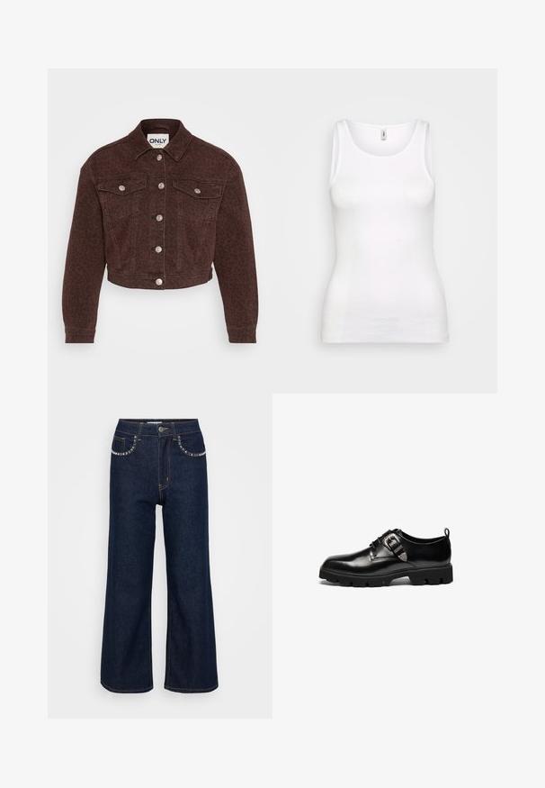 Brun denimjakke med leopardmønster. Har krave, cropped design, forlommer, knaplukning og sølv hardware detaljer.; Hvid, ribbet top med rund udskæring og brede stropper, der har en slank pasform, som følger kroppens konturer. Ingen synlige mønstre eller detaljer.; Mørkeblå brede ben jeans lavet af denim, med høj talje, to forlommer med dekorativ syning, og en enkelt knaplukning.; Sort lædersko med rundet tå, skridsikker gummisål og en dekorativ spænde-detalje på siden. Glat tekstur hele vejen igennem.
