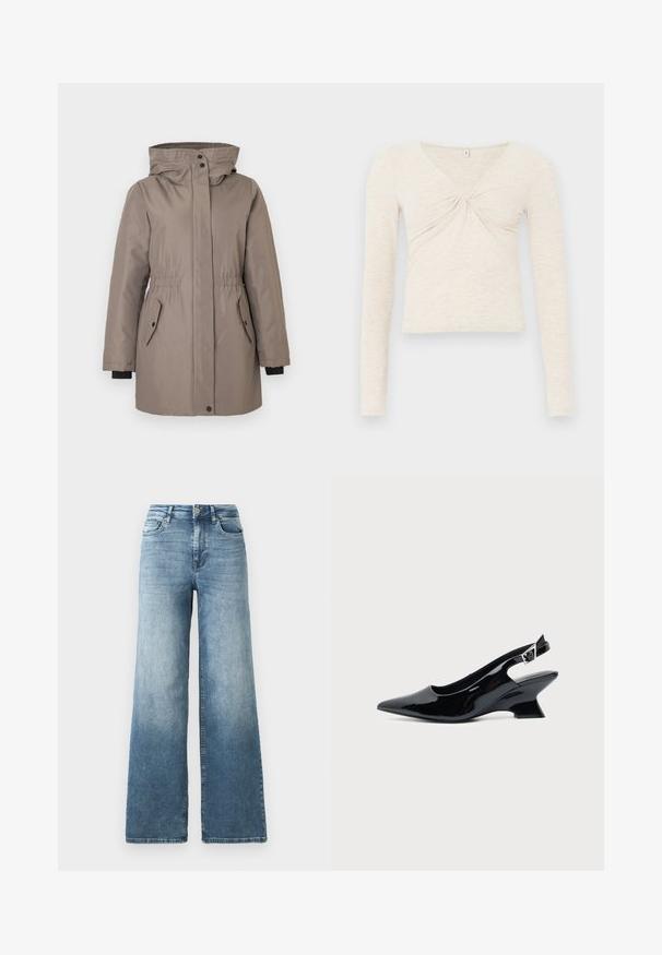 Parka marron clair avec une capuche, taille élastique, fermetures à boutons, deux poches latérales et accents noir aux poignets. Tissu lisse et texturé.; Haut à manches longues crème en tissu doux et texturé. Doté d'un col en V et d'un détail torsadé au centre. Design court.; Jean en denim à jambes larges dans un délavage bleu clair, avec une taille haute, un design à cinq poches et un léger dégradé sur le tissu. Fermeture classique à bouton en métal.; Chaussure slingback en cuir verni noir avec bout pointu et petit talon bloc incliné sur fond clair uni.