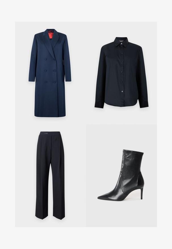Manteau long bleu marine à double boutonnage avec six boutons recouverts et revers crantés, présenté sur fond blanc.; Chemise noire à manches longues avec boutons, col pointu et ourlet légèrement arrondi, présentée sur un fond gris clair uni.; Pantalon taille haute bleu marine en tissu lisse, coupe large avec plis sur le devant et ceinture à logo.; Bottes noires à la cheville en cuir lisse, dotées d'un bout pointu, d'un tige ajustée et d'un talon haut fin. Design minimaliste sans quincaillerie visible.