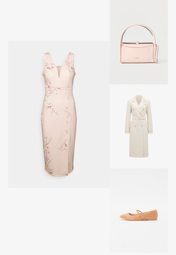 Lys cremefarvet lang dobbeltradet trenchcoat med brede revers, matchende bælte, manchetter og sidelommer, præsenteret på en hvid baggrund.; WAL G. WEDDING ALMA V NECK MIDI - Jerseykjole - light pink; Nude læder balletklip med spids tå, udvendig rem og rund hardwaredetalje. Glat tekstur og minimalistisk design.; Blød lyserød læderhåndtaske med afrundet håndtag, guldspænde og aftagelig rem, minimalistisk design, Furla-logo på forsiden.