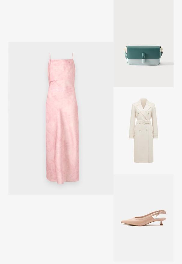 Crème-kleurige lange dubbelgebreide trenchcoat met brede revers, bijpassende riem, manchetbanden en zijzakken, weergegeven op een witte achtergrond.; Mouwloze roze jurk met een gladde, licht gestructureerde oppervlakte, voorzien van een lang, vloeiend ontwerp en dunne bandjes voor een minimalistische uitstraling.; Beige lakleren puntige slingback schoen met lage kittenhak en elastisch bandje met subtiele branding.; Rechthoekige tweekleurige groene leren handtas met klepsluiting, voorste gesp en afneembare schouderriem met gouden sluitingen.