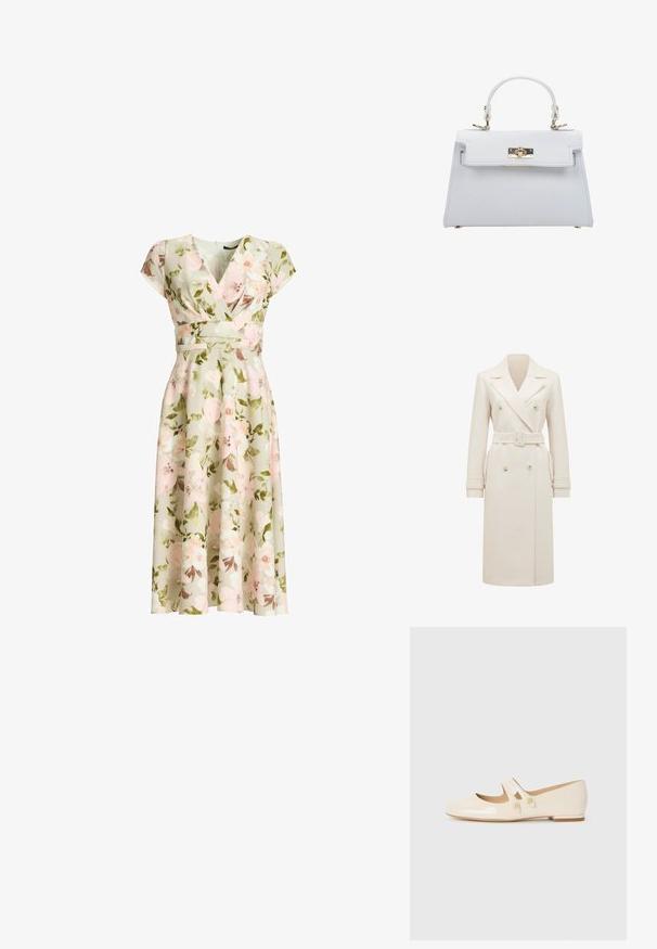 Beige-farbener, langer Doppelreiher-Trenchcoat mit breiten Revers, passendem Gürtel, Riegelan einem Ärmel und seitlichen Taschen, auf einem weißen Hintergrund präsentiert.; Grünes florales Wickelkleid mit kurzen Ärmeln, tailliertem Schnitt und A-Linien-Midirock mit rosa und weißen Blumen und grünen Blättern.; Elfenbeinfarbene Lackleder-Ballettschuhe mit zwei dekorativen Riemen und goldenen Knöpfen, runder Zehenpartie und niedrigem Blockabsatz.; ESTRO Handtasche - white