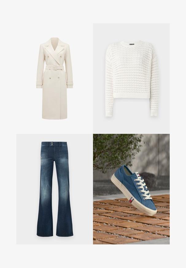 Trench-coat long en crème à double boutonnage avec larges revers, ceinture assortie, lanières aux poignets et poches latérales, présenté sur fond blanc.; Pull en tricot blanc avec un motif texturé, encolure ronde, manches longues et poignets et ourlet côtelés. Design court.; Jean en denim bleu foncé évasé avec un effet délavé, deux poches avant, deux poches arrière et une fermeture à boutons avec une légère brillance.; Baskets en toile bleue avec lacets et semelle blanches, flottant au-dessus d'un sol extérieur en bois et motif de galets.