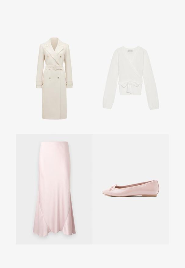 Crème-kleurige lange dubbelgebreide trenchcoat met brede revers, bijpassende riem, manchetbanden en zijzakken, weergegeven op een witte achtergrond.; Witte geribbelde gebreide wikkeltop met lange mouwen, striksluiting in de taille en een v-hals. Beschikt over een textuurstof voor visuele interesse.; Lichtroze satijnen midi-rok met een A-lijn silhouet en subtiele diagonale naaddetails op een effen achtergrond.; Roze lakleren ballerina met een spitse neus en een decoratieve strik aan de voorkant. Voorzien van een platte zool en naadloos ontwerp.