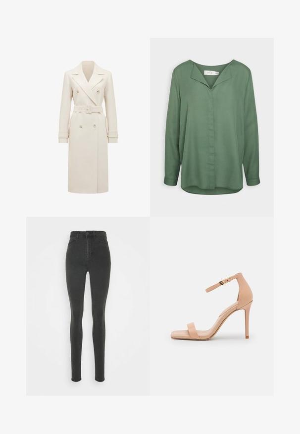Beige-farbener, langer Doppelreiher-Trenchcoat mit breiten Revers, passendem Gürtel, Riegelan einem Ärmel und seitlichen Taschen, auf einem weißen Hintergrund präsentiert.; VILA VILUCY - Bluse - duck green; Noisy May Tall NMCALLIE - Jeans Skinny Fit - dark grey denim; Nude High Heel Sandale mit quadratischer Zehenpartie, ausgestattet mit einem einzelnen Zehenriemen und einem Knöchelriemen, der mit einer goldenen Schnalle gesichert ist. Glatte Lederoberfläche.