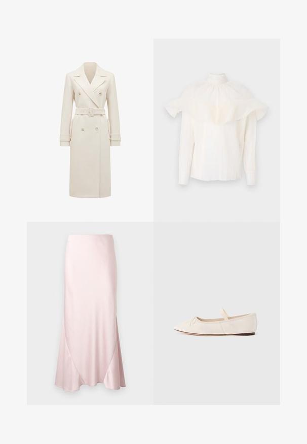 Crème-kleurige lange dubbelgebreide trenchcoat met brede revers, bijpassende riem, manchetbanden en zijzakken, weergegeven op een witte achtergrond.; Witte blouse met hoge kraag, textuurstof en overgrote ruches mouwen. Lange mouwen met strakke manchetten, een relaxte pasvorm door de hele blouse.; Lichtroze satijnen midi-rok met een A-lijn silhouet en subtiele diagonale naaddetails op een effen achtergrond.; Ballerina's met een lichte beige suède bovenwerk, een puntige neus en een dunne elastische band over de wreef. Platte zool met een minimale rubberen accent.