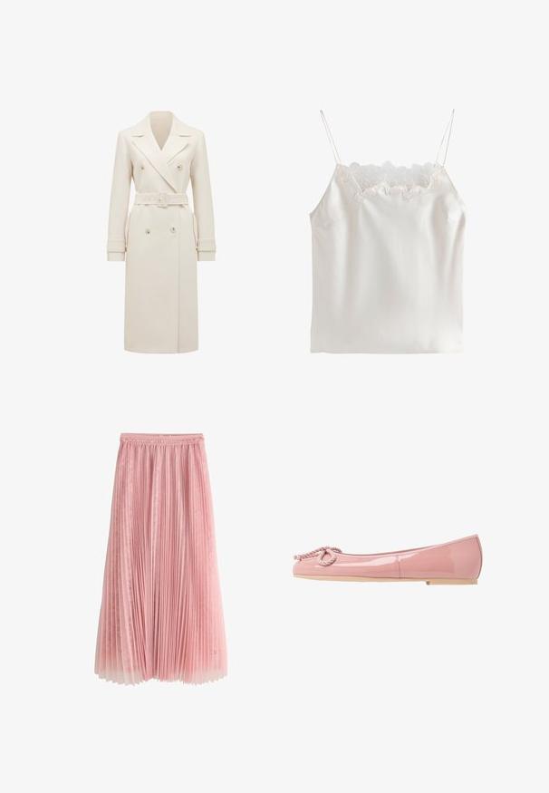 Crème-kleurige lange dubbelgebreide trenchcoat met brede revers, bijpassende riem, manchetbanden en zijzakken, weergegeven op een witte achtergrond.; Witte satijnen top met dunne bandjes en bloemenkant langs de vierkante halslijn.; Roze geplooide midi-rok met een kanten onderlaag en een geplooide tailleband, getoond op een witte achtergrond.; Roze gepatineerde leren ballerina's met een ronde neus, touwdetail aan de voorkant en een beige rubberen zool. Gladde, glanzende afwerking overal.