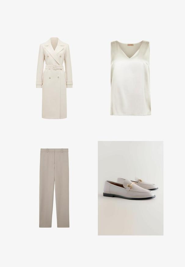 Crème-kleurige lange dubbelgebreide trenchcoat met brede revers, bijpassende riem, manchetbanden en zijzakken, weergegeven op een witte achtergrond.; Mouwloze satijnen blouse in ivoorwit met een V-hals en een smal schouderontwerp, gelabeld Falconeri Seta Collectie.; Beige rechte broek met riemlussen en een strak, minimalistisch ontwerp, plat weergegeven op een witte achtergrond.; Lichtgrijze leren loafers met een spitse neus, voorzien van een gouden metalen accent en een lage zwarte hak. Zachte textuur, minimalistisch ontwerp.