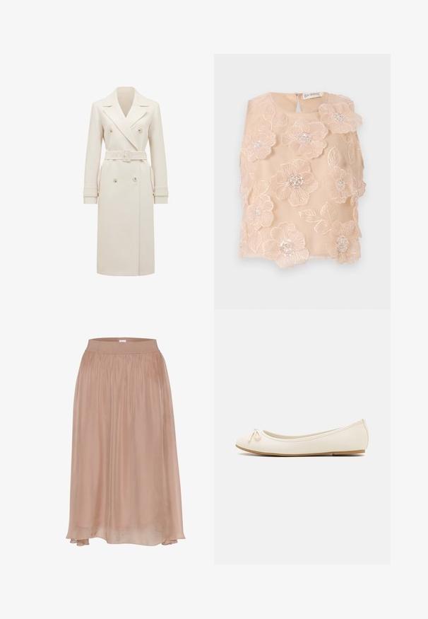 Trench-coat long en crème à double boutonnage avec larges revers, ceinture assortie, lanières aux poignets et poches latérales, présenté sur fond blanc.; Haut brodé de fleurs en tissu doux pêche, présentant des fleurs en 3D avec des centres perlés et une fermeture à dos en trou de serrure. Texture lisse.; Jupe fluide rose clair en tissu doux avec une taille élastique. Présente une coupe droite et un ourlet arrière légèrement plus long.; Ballet flats de couleur crème avec un bout arrondi, un petit nœud sur le devant et une semelle beige texturée. Matériau synthétique lisse.