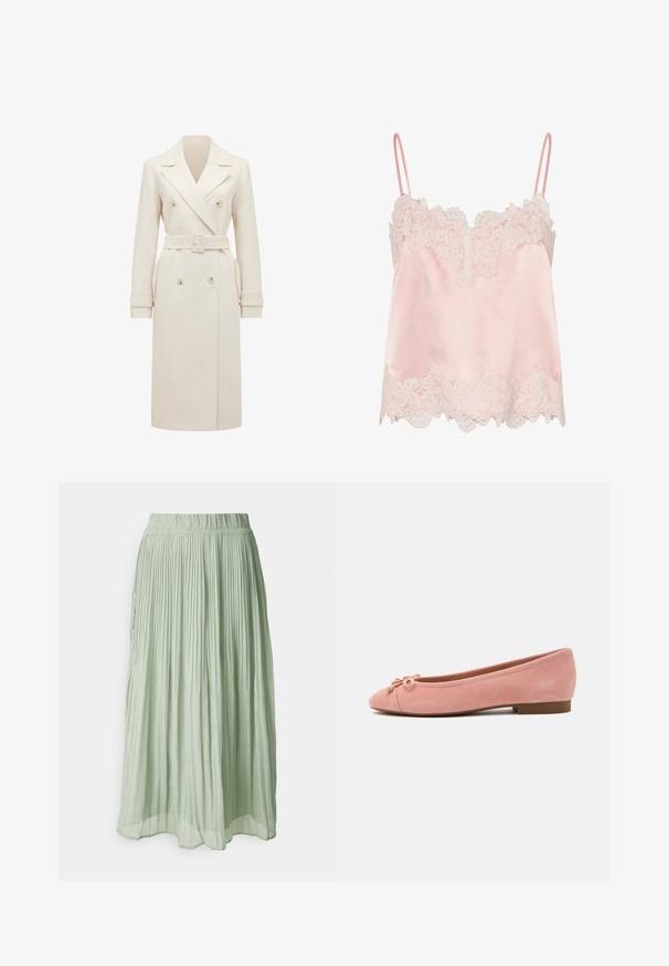 Crème-kleurige lange dubbelgebreide trenchcoat met brede revers, bijpassende riem, manchetbanden en zijzakken, weergegeven op een witte achtergrond.; Lichtroze satijnen hemdje met witte kanten afwerking langs de halslijn en zoom, met dunne verstelbare schouderbandjes.; Geplooide midi rok van lichtgroene stof met een zachte textuur. Elastische tailleband, vloeiende uitstraling en subtiele glans overal.; Zachte roze suède ballerina met een klein strikje en gouden detail op de afgeronde neus, lage hak en gladde zool.