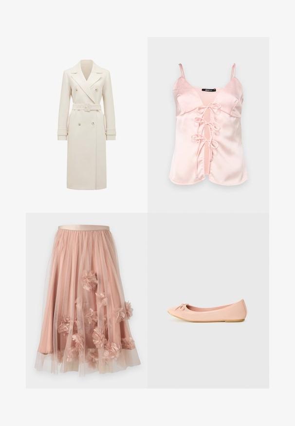 Beige-farbener, langer Doppelreiher-Trenchcoat mit breiten Revers, passendem Gürtel, Riegelan einem Ärmel und seitlichen Taschen, auf einem weißen Hintergrund präsentiert.; Rosa Satin-Camisole mit verstellbaren Spaghetti-Trägern, ausgestattet mit einer vorderen Bindeschleife mit Schlaufen und einem V-Ausschnitt-Design. Glatte Textur und klare Linien.; Tüllrock in sanftem Rosa mit einem Satinbund. Verfügt über mehrlagigen, transparenten Stoff und dreidimensionale Blumenapplikationen über die gesamte Fläche.; Ballerina-Schuh aus leichtem, synthetischem Material in Hellrosa mit runder Zehenform, ausgestattet mit einem kleinen Schleifendetail und einer flexiblen Sohle.