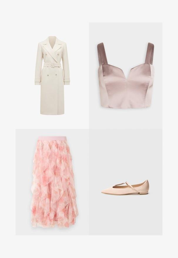 Lys cremefarvet lang dobbeltradet trenchcoat med brede revers, matchende bælte, manchetter og sidelommer, præsenteret på en hvid baggrund.; Swing Top - fading lilac; Pink lagdelt tyll midi nederdel med blomsterprint og elastisk taljebånd, med bløde flæseteksturer.; Lyserød flad sko med spids tå, lavet i satin, pyntet med en perlebesat rem over vristen, lav hæl.