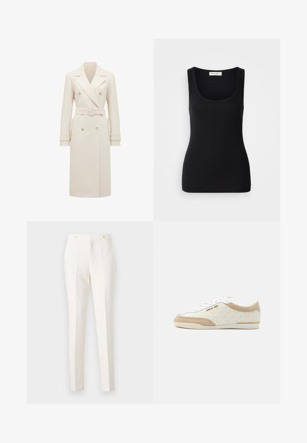 Crème-kleurige lange dubbelgebreide trenchcoat met brede revers, bijpassende riem, manchetbanden en zijzakken, weergegeven op een witte achtergrond.; Zwart geribd tanktopje met een ronde halslijn, brede schouderbanden en een aangesloten ontwerp. Label aan de achterkant met de tekst "Marc O'Polo."; Witte op maat gemaakte broeken met een slim fit, voorzien van twee voorke pockets, dubbele knoopsluiting en subtiele zijkanten. Soepele textuur.; Lage witte sneaker met beige suède accenten, gouden Michael Kors-logo en subtiel patroon op het stoffen bovenwerk, op een witte achtergrond.