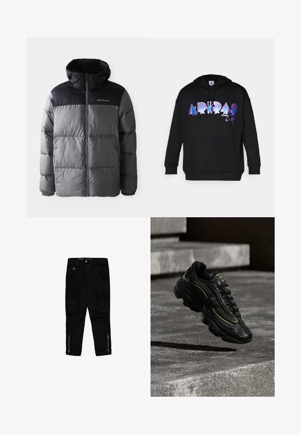 Puffjakke i grå og sort med høj krave, kviltet design, lynlås fortil, justerbar hætte og Columbia-logo på brystet.; Sort hættetrøje med et stort, farverigt gradient "ADIDAS" logo designet af Jeremy Scott, kengurulomme og snoretræk i hætten.; Sorte cargo-bukser lavet af bomuld, med sidelommer, lynlåse ved anklerne og en regular-fit design.; Sort New Balance sneaker med neon grønne accenter svævende over grå betontrin i dæmpet belysning.