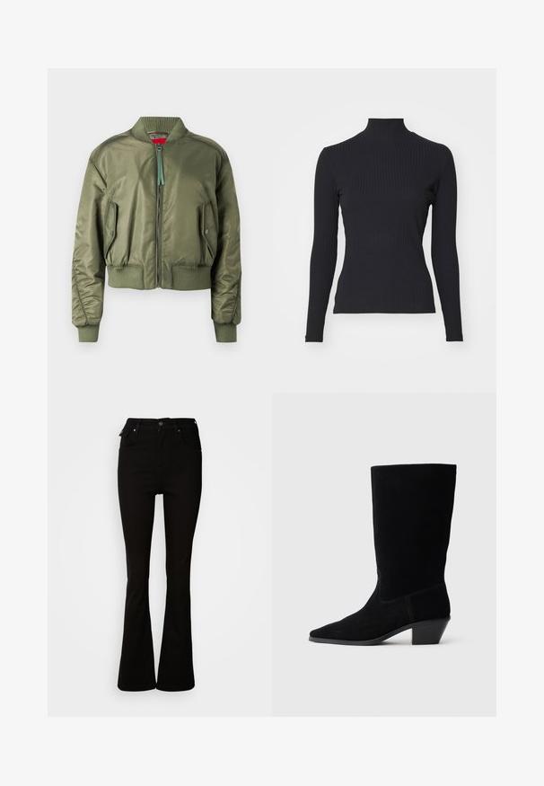 Olive vihreä bomber-takki, jossa on vetoketjukiinnitys, ribatut hihansuut ja helma sekä viistot sivutaskut napilla. Sileä, kiiltävä rakenne.; Mustassa ribbattu poolopaita, jossa on pitkät hihat. Valmistettu joustavasta kankaasta, joka on muotoon mietitty ja korkea kaulus. Yksinkertainen malli ilman koristeita.; Mustat leveälahkeiset farkut, joissa on korkea vyötärö, etutaskut ja klassinen viiden taskun muotoilu metallisilla yksityiskohdilla.; Musta mokka nilkkuri, jossa on terävä kärki, keskipitkä varsi ja paksu korko. Ominaisuuksia ovat vähäinen ompelu ja sileä pinta.