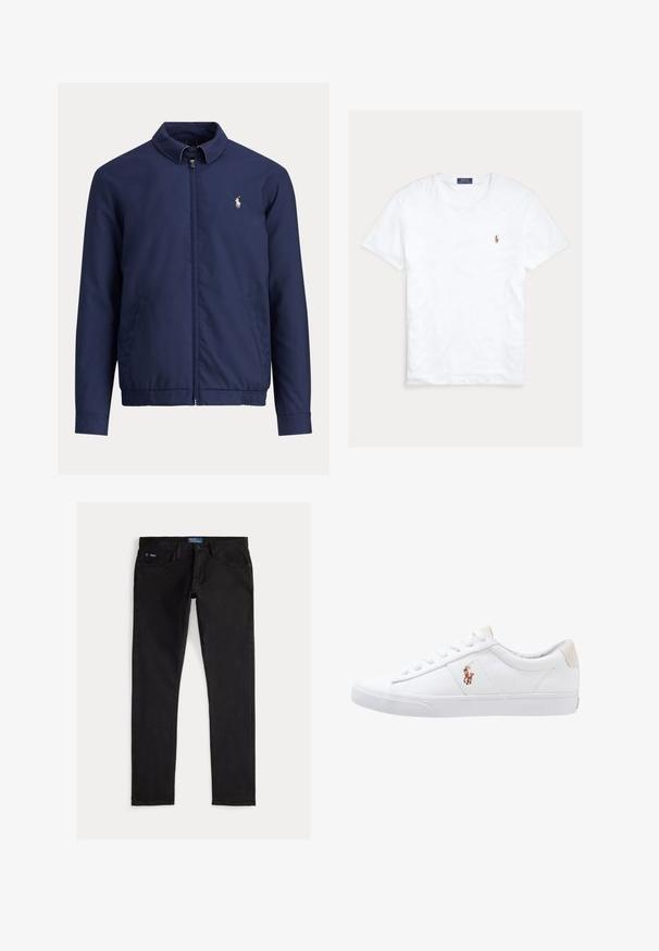 Navyblå lynlåstrøje med krave, elastisk talje, sidelommer og lille hvid rytterlogo på venstre bryst.; Hvid T-shirt med rund hals og korte ærmer med lille broderet Polo Ralph Lauren-logo på venstre bryst og blå mærkeetiket indvendigt i kraven.; Sorte denimjeans med slim pasform, der har fem lommer, bæltestropper og et blåt mærke på linningen. Glat, holdbart stof.; Hvide kanvas sneakers med lågtop design, prydet med en beige hælkappe og et lille broderet logo på siden. Gummisål.