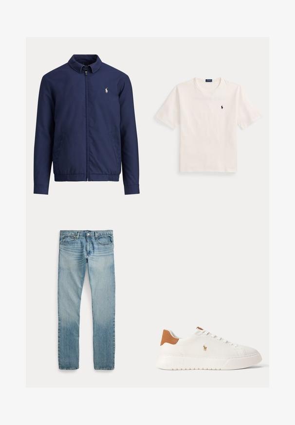 Navyblå lynlåstrøje med krave, elastisk talje, sidelommer og lille hvid rytterlogo på venstre bryst.; Hvid T-shirt med korte ærmer og rund hals med lille marineblåt Polo Ralph Lauren-logo på venstre bryst.; Lyseblå straight-leg denimbukser med fem lommer, knaplukning og subtile falmede detaljer omkring lår og knæ.; Hvid lavtop sneaker med tan hælfane, hvide snørebånd og lille broderet polo-spiller logo på siden over en tyk sål.